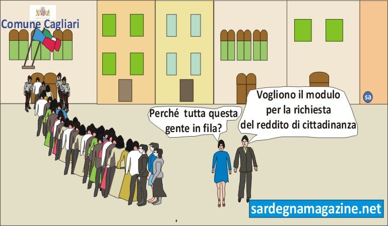 la vignetta – in tanti alla ricerca del modulo per il “Reddito di Cittadinanza” 